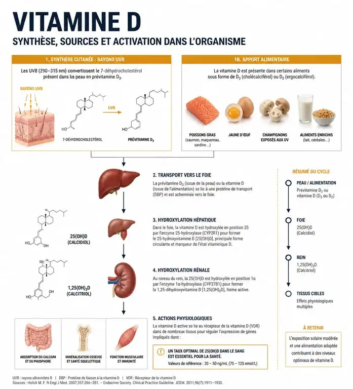 Infographie expliquant la synthèse de la vitamine D et les sources alimentaires