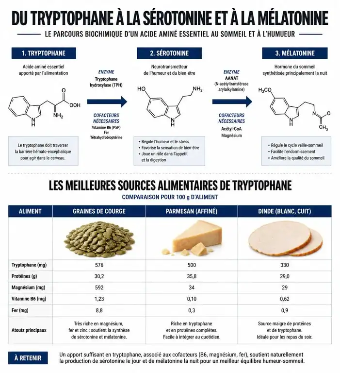 Infographie sur le rôle du tryptophane et les meilleurs aliments riches en tryptophane pour la santé