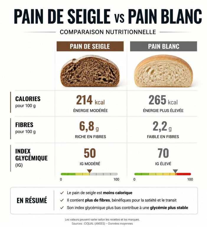 Infographie comparative des apports nutritionnels et calories du pain de seigle par rapport au pain blanc