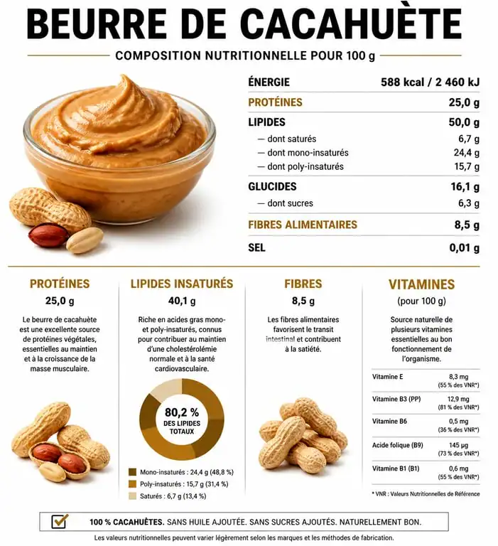 Infographie nutritionnelle : composition et bienfaits du beurre de cacahuète pour la santé