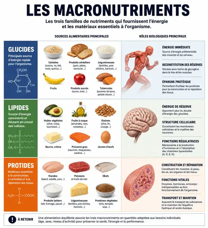 Infographie sur les lipides, glucides et protides : rôles et sources alimentaires