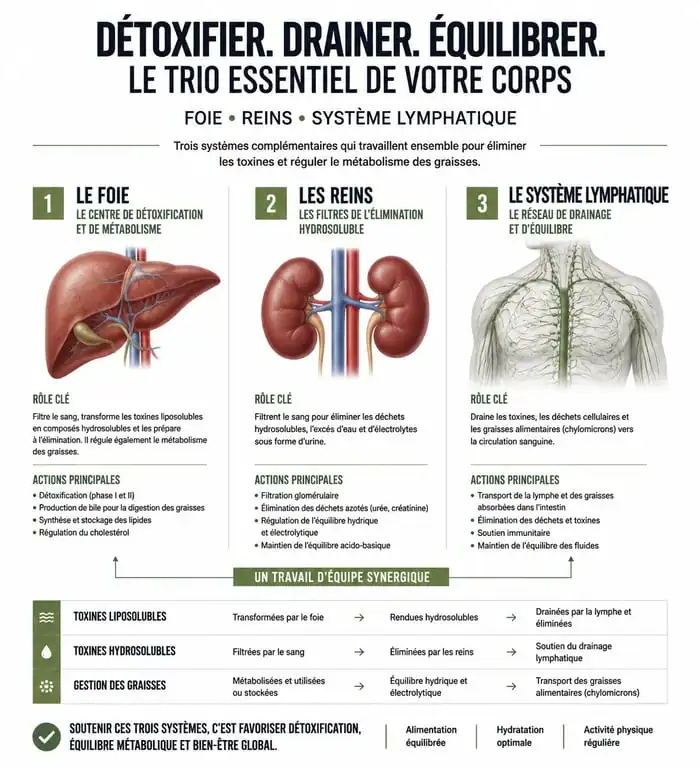 Infographie explicative sur le fonctionnement de la détox perte de poids et le rôle des organes émonctoires