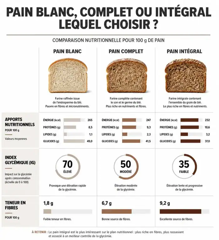 Comparaison nutritionnelle des types de pains : pain complet, pain blanc et pain intégral