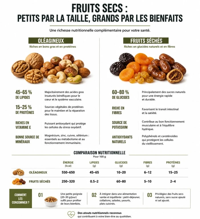 Infographie sur les bienfaits des fruits secs et leur composition nutritionnelle