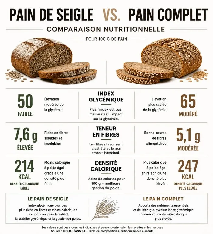 Infographie comparative nutritionnelle : pain de seigle vs pain complet pour la santé