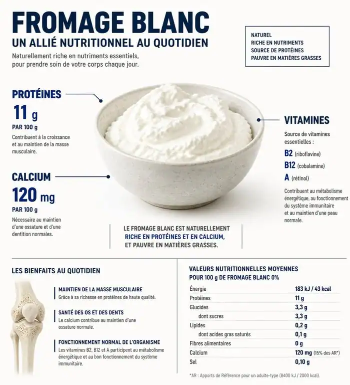 Infographie des bienfaits nutritionnels du fromage blanc et apports en protéines et calcium