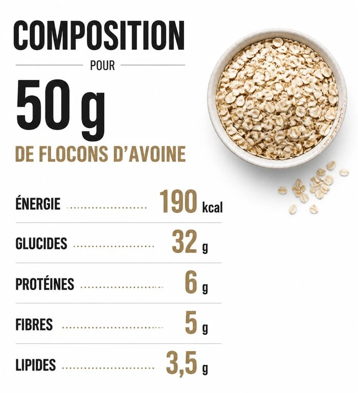 Infographie nutritionnelle : apport calorique et composition de 50g de flocons d'avoine