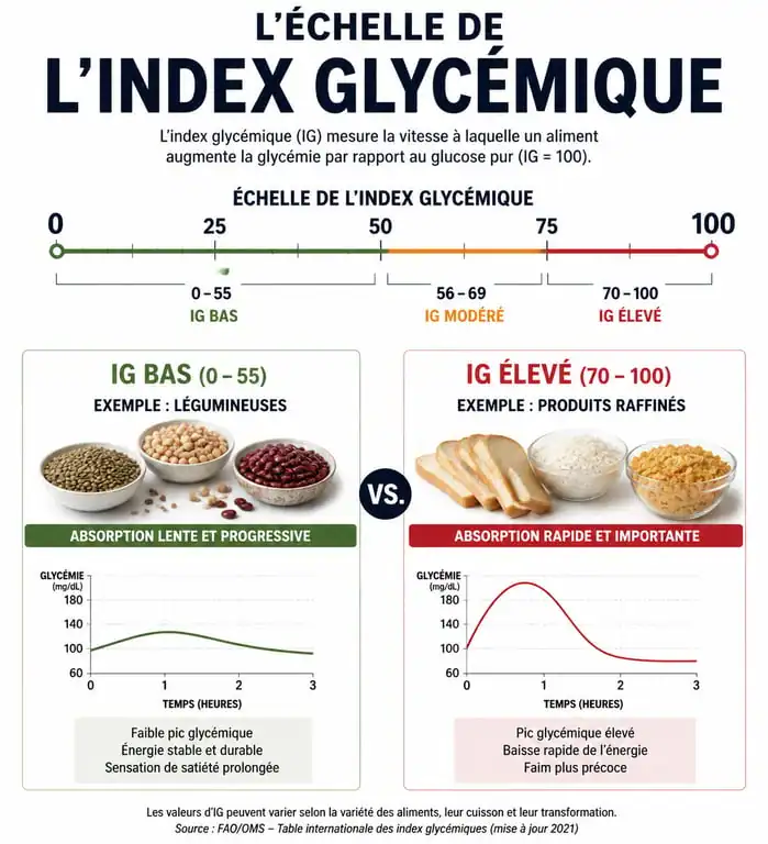 Infographie sur l'index glycémique des aliments et leurs bienfaits pour la santé