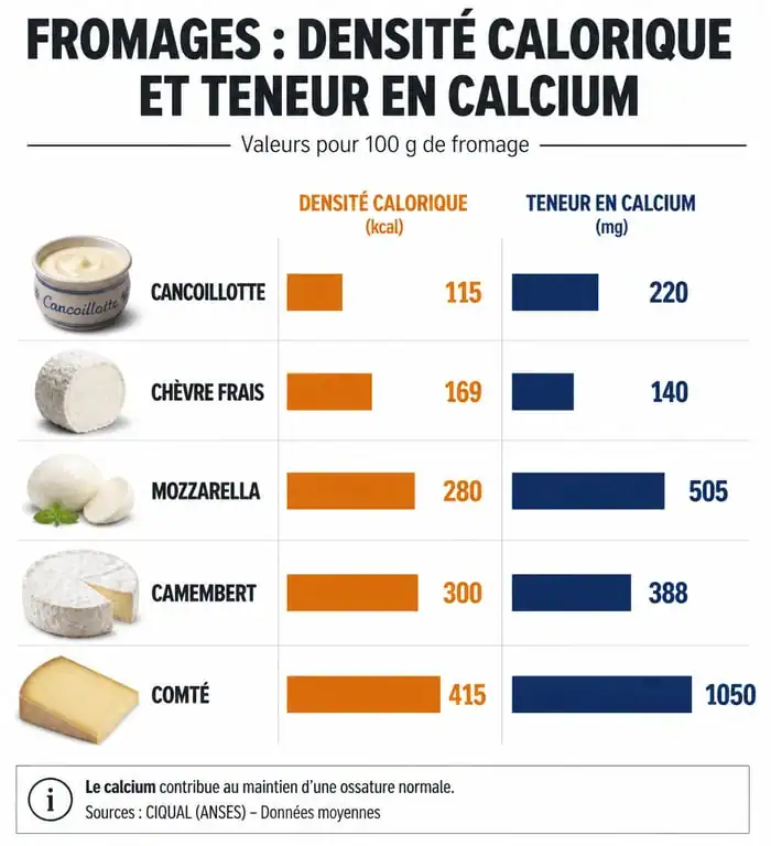 Infographie nutritionnelle comparant les calories et le calcium des fromages pour savoir si le fromage fait grossir