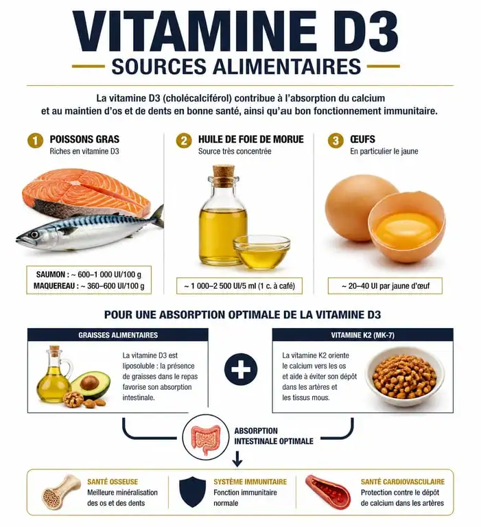 Infographie des sources alimentaires de vitamine D3 et conseils d'absorption