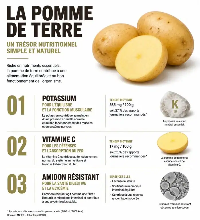Infographie des bienfaits nutritionnels de la pomme de terre : potassium, vitamine C et amidon résistant