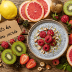 fruits les moins sucres sur planche bois avec pudding chia
