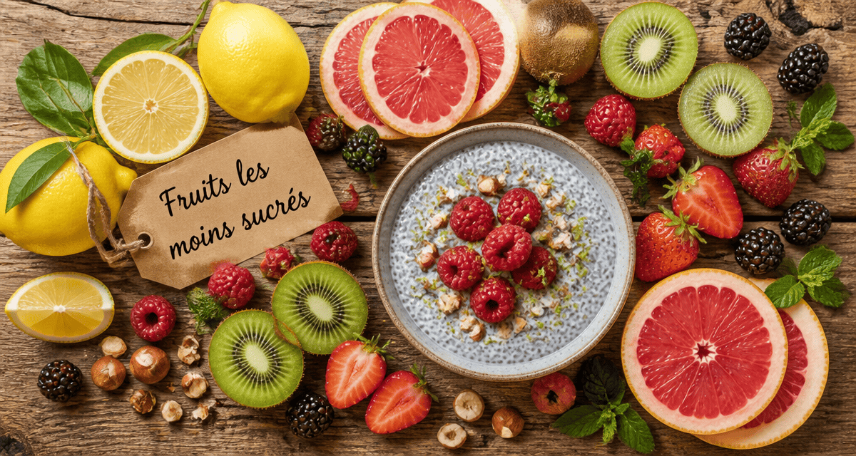 fruits les moins sucres sur planche bois avec pudding chia