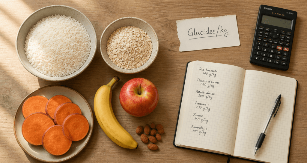 Glucides par kg de poids, aliments et calculatrice sur table