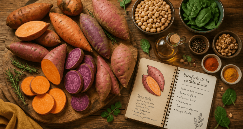 les 5 bienfaits de la patate douce sur une table rustique