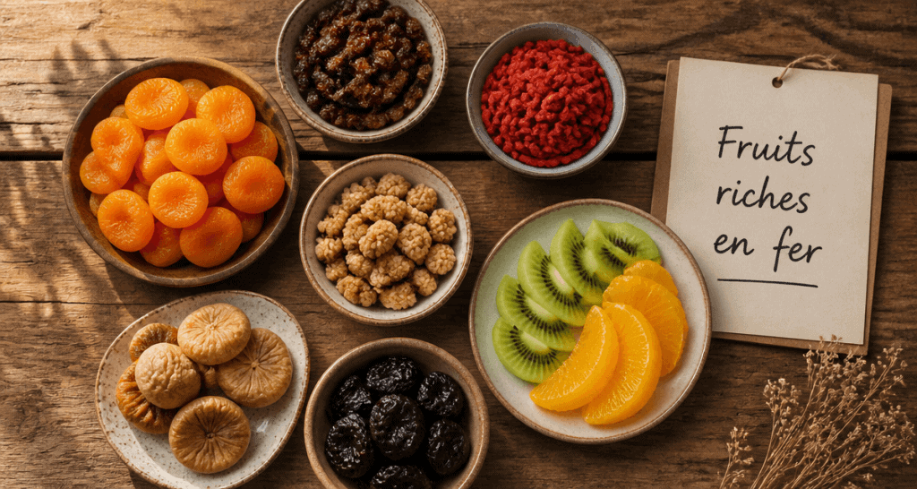 Les fruits riches en fer en bols sur table