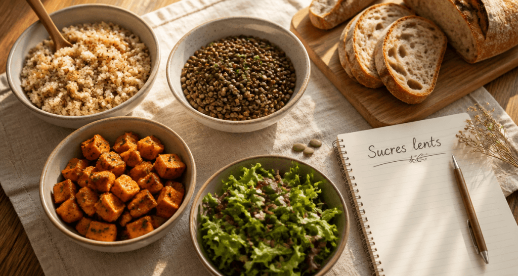 Liste des sucre lent sur table avec aliments