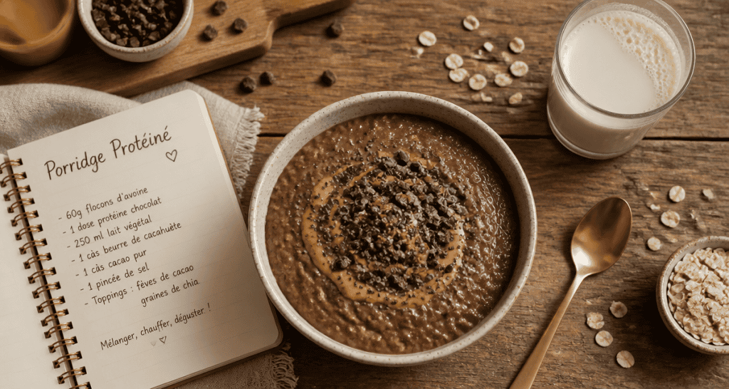 Porridge proteiné chocolat et beurre de cacahuète en bol