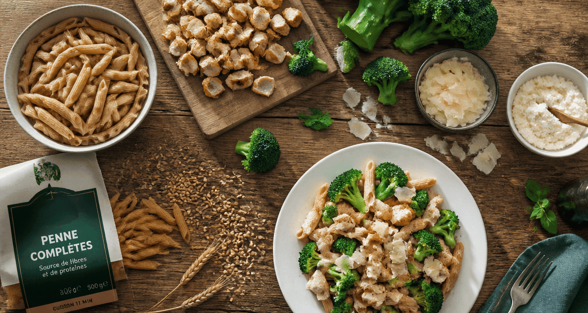 proteine dans les pates penne completes brocoli poulet