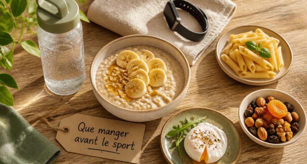 que manger avant le sport, aliments énergétiques sur table
