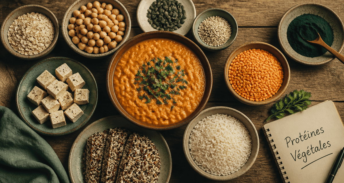 tableau des proteines vegetales sur table avec aliments