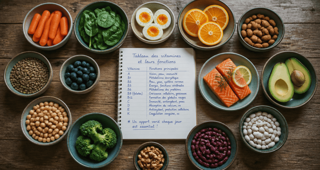 tableau des vitamines et leurs fonctions sur une table