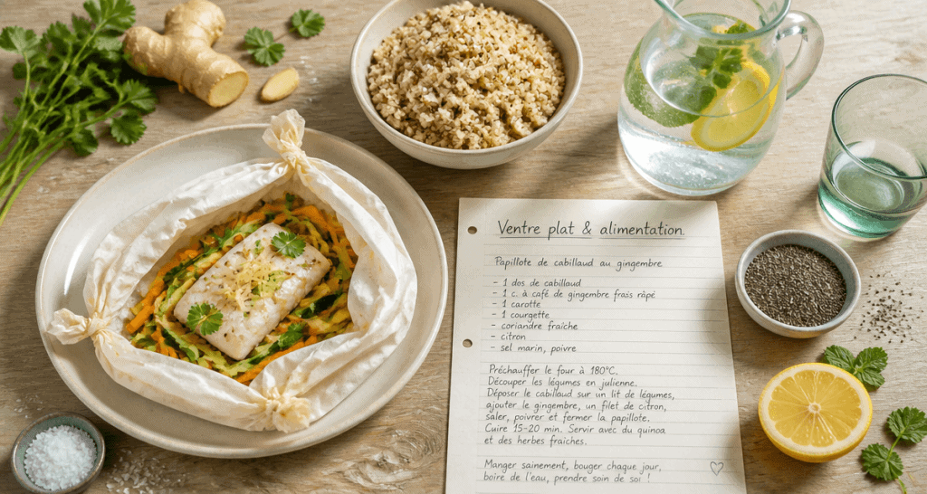 ventre plat et alimentation, assiette saine, aliments frais