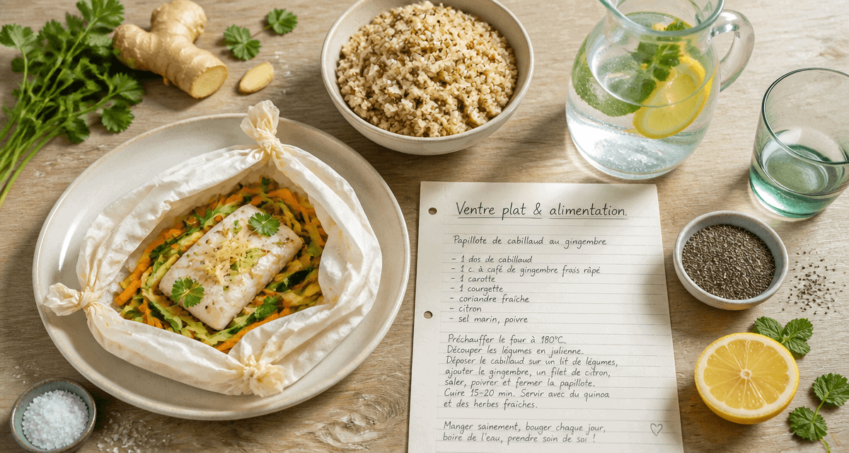ventre plat et alimentation, assiette saine, aliments frais