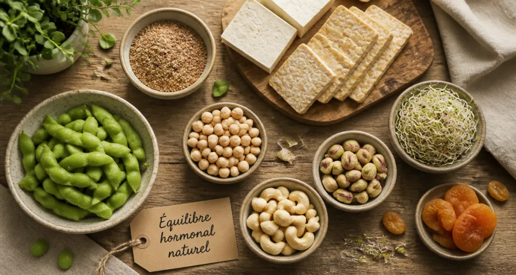 aliments riches en oestrogenes sur table en bois