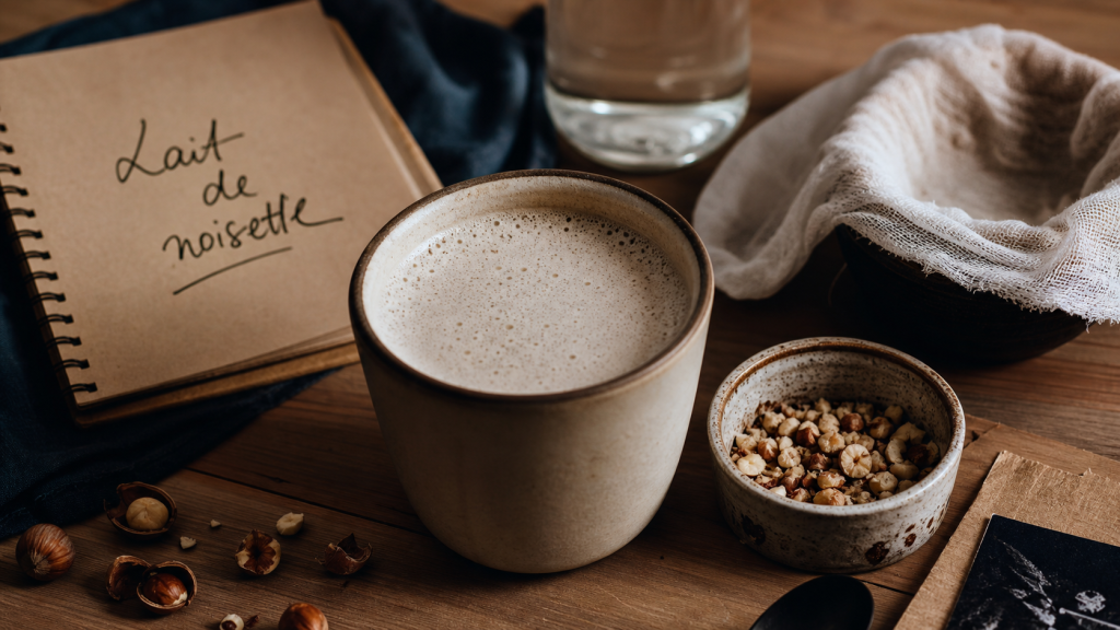 Bienfait du lait de noisette : tasse de lait de noisette et noisettes sur table bois clair