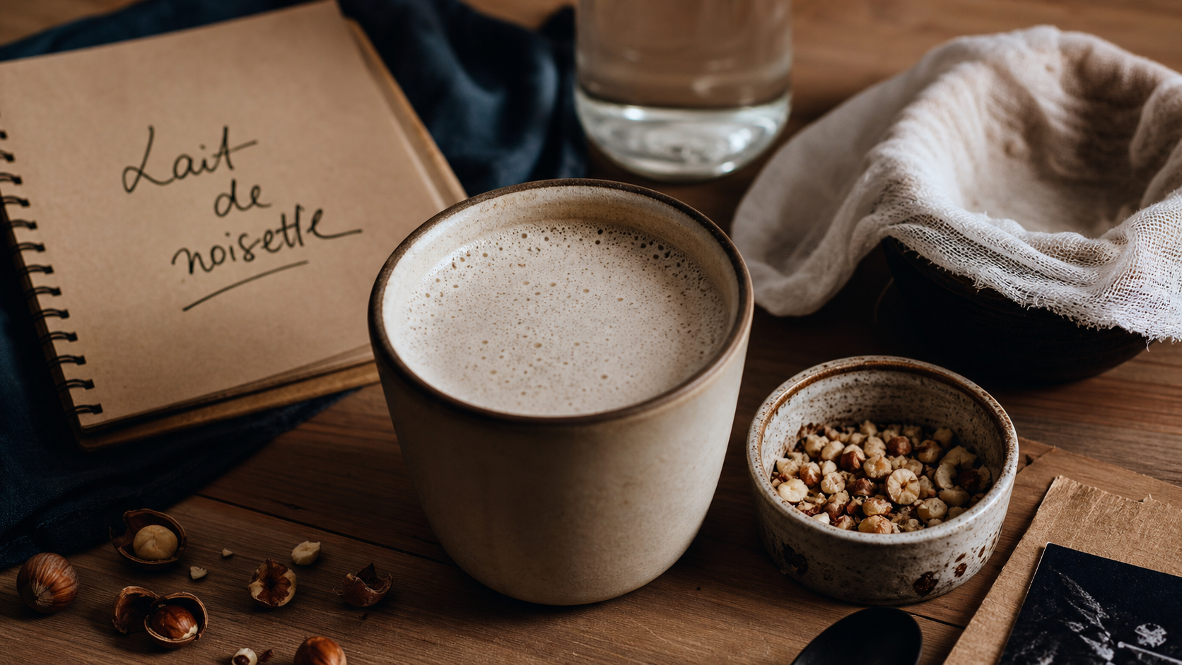 Bienfait du lait de noisette : tasse de lait de noisette et noisettes sur table bois clair