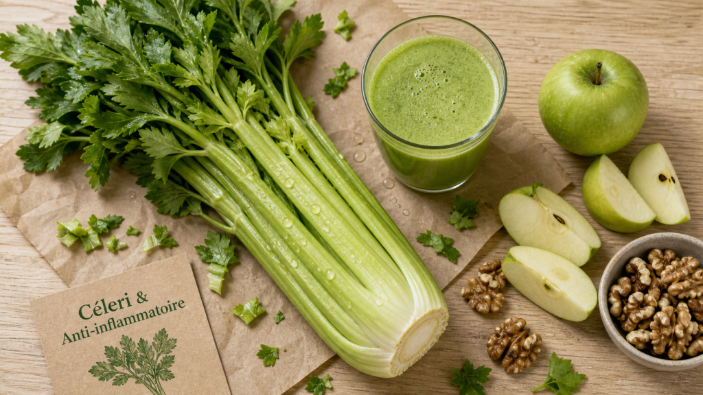 Bienfaits du celeri en branche : tiges vertes, 16 kcal, fibres, anti-inflammatoire