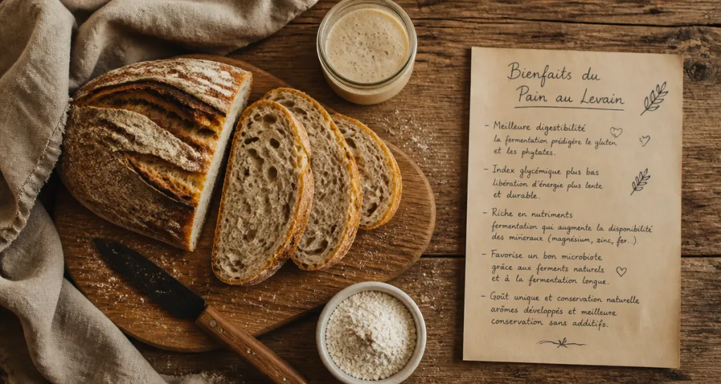 bienfaits du pain au levain sur table rustique