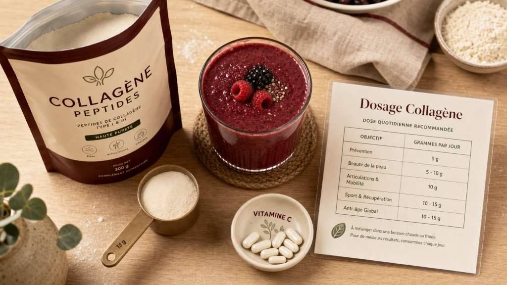 Combien de collagene par jour : dosage collagène optimal, sachet de peptides et smoothie