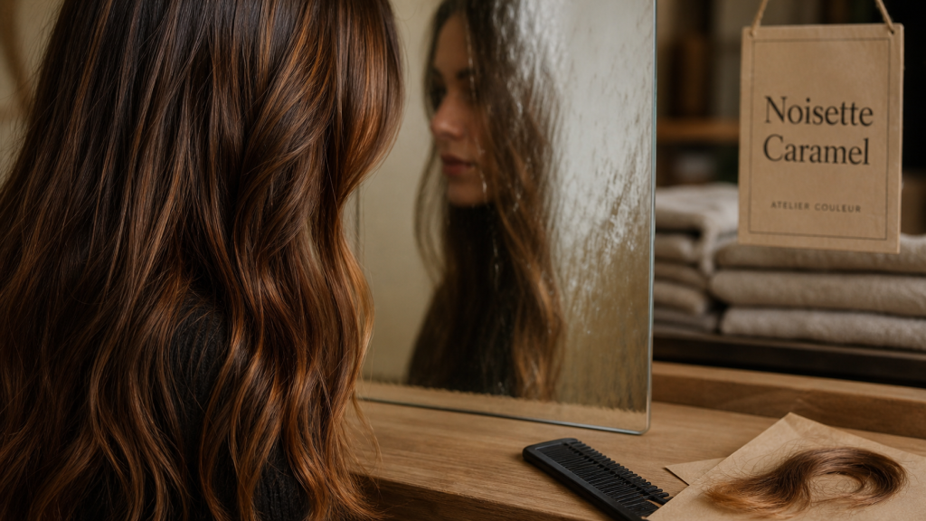 Couleur de cheveux noisette caramel, reflets chauds et cuivrés