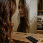 Couleur de cheveux noisette caramel, reflets chauds et cuivrés