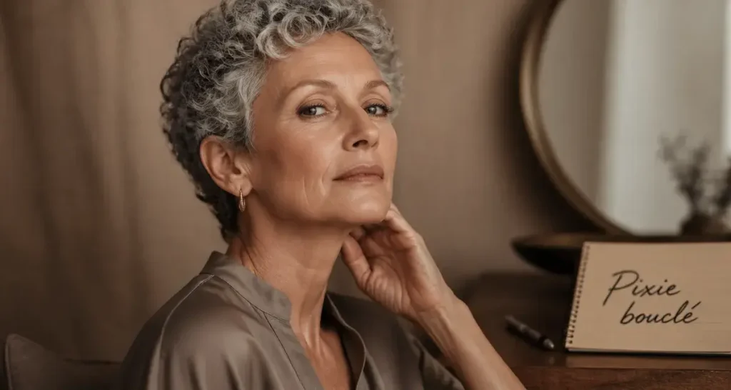 Coupe cheveux frisés courts femme 60 ans : pixie bouclé, boucles définies