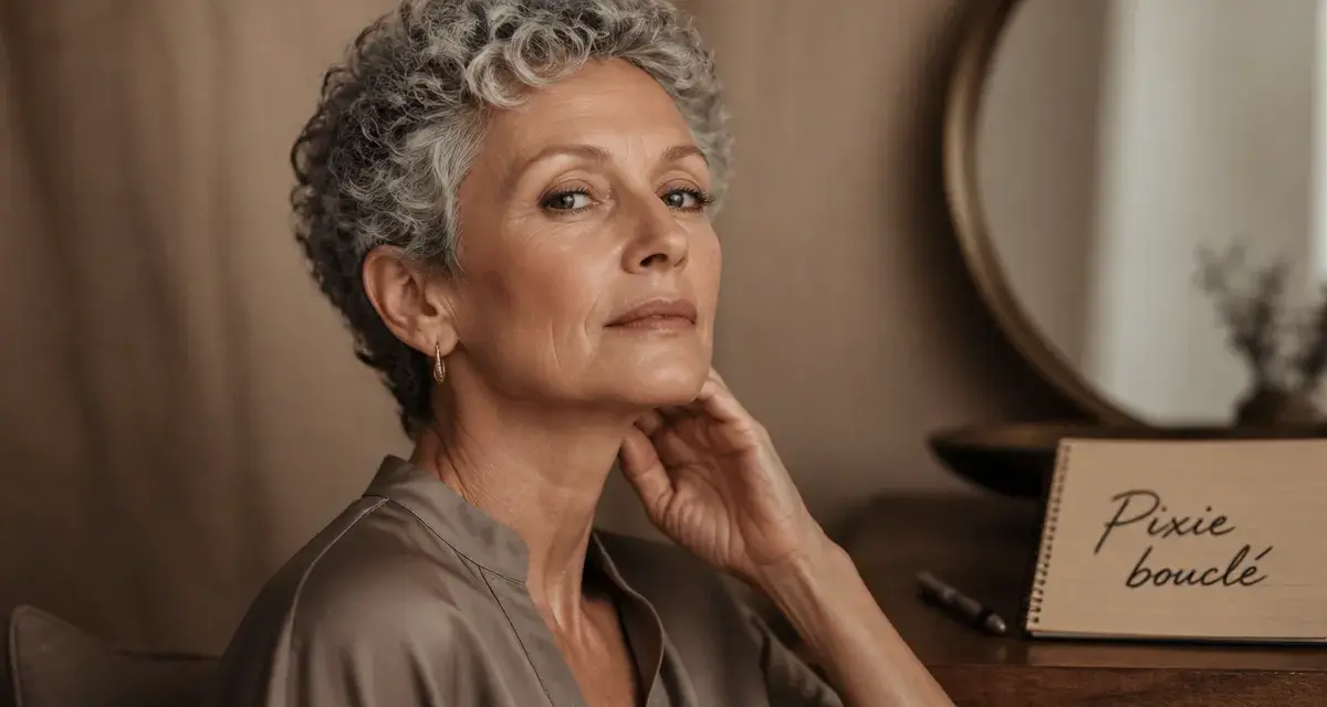 Coupe cheveux frisés courts femme 60 ans : pixie bouclé, boucles définies