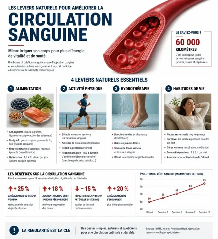 Infographie sur les méthodes naturelles pour augmenter le flux sanguin et améliorer la circulation