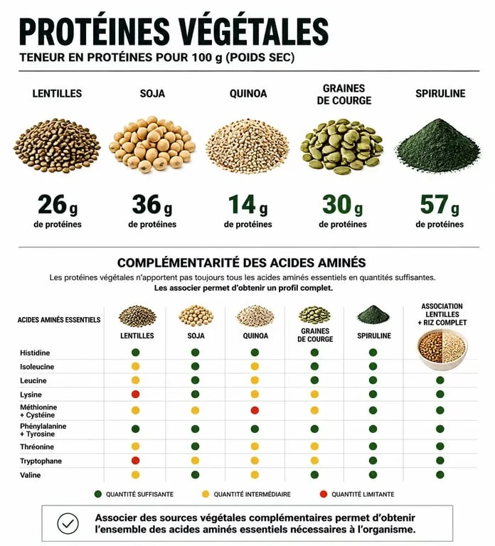 Infographie comparative des sources de protéines végétales et leurs apports nutritionnels pour une alimentation équilibrée