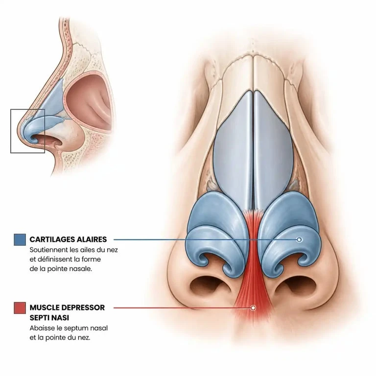 Schéma anatomique expliquant les causes du nez tombant et le rôle du muscle depressor septi nasi