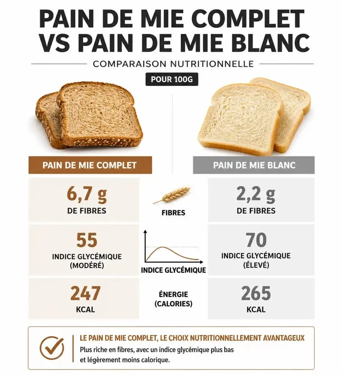 Infographie comparative des valeurs nutritionnelles : pain de mie complet vs pain de mie blanc et calories