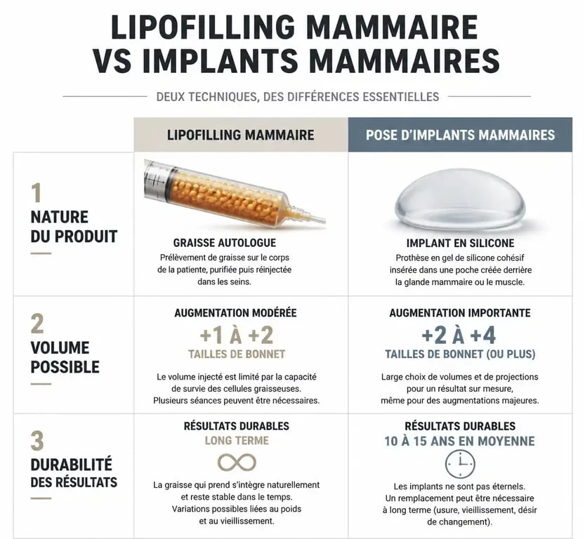 Schéma comparatif entre lipofilling et implants mammaires pour une injection seins sécurisée