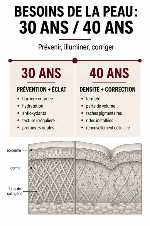 Infographie sur les besoins de la peau selon l'âge pour la gamme Capture Totale Dior, illustrant la prévention à 30 ans et la correction à 40 ans.