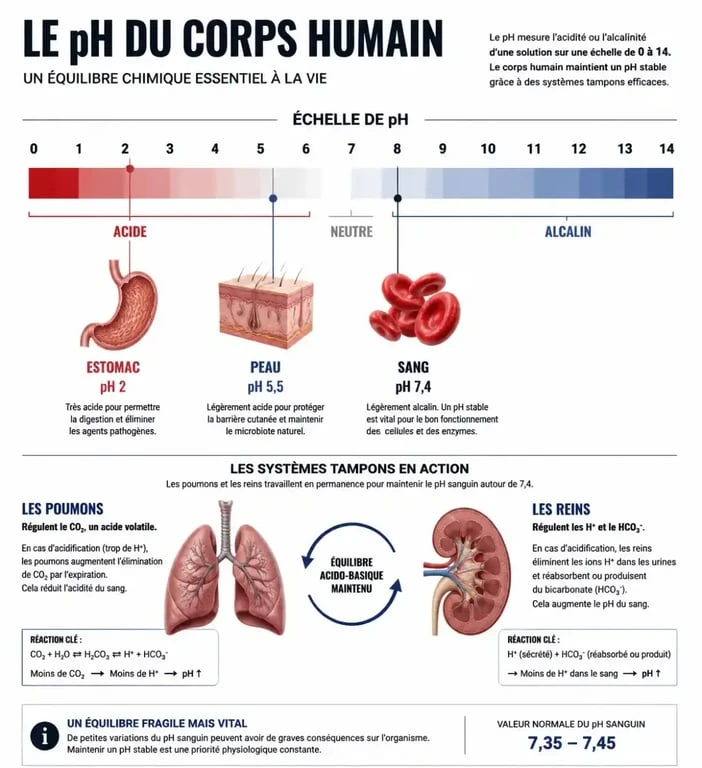 Infographie explicative du pH du corps humain et des mécanismes de régulation acido-basique