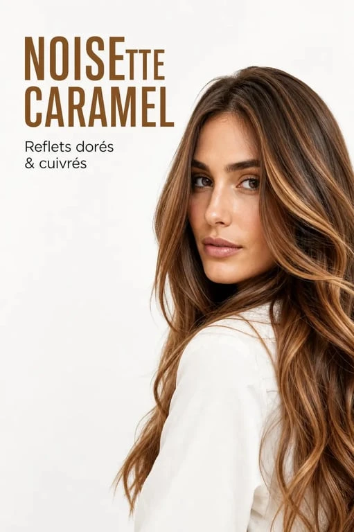 Résultat d'une coloration noisette caramel sur cheveux longs avec reflets lumineux