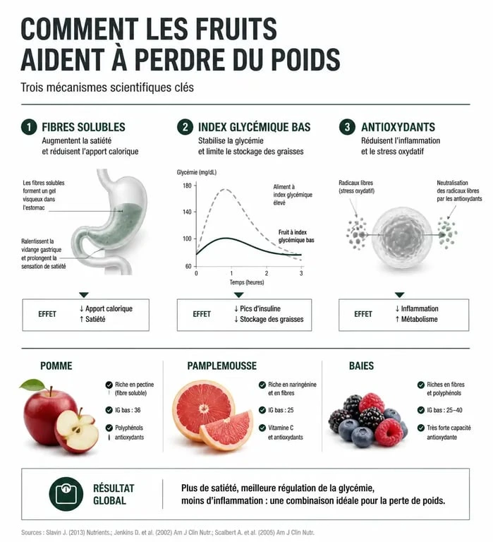 Infographie sur les bienfaits des fruits pour maigrir et leurs mécanismes d'action