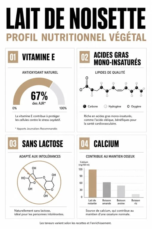 Infographie des bienfaits nutritionnels et santé du lait de noisette