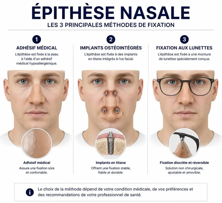 Schéma illustrant les trois méthodes de fixation d'une prothèse de nez ou épithèse nasale