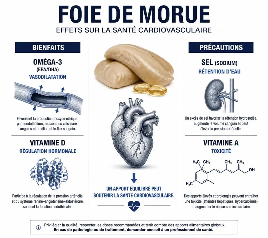 Infographie des bienfaits et risques du foie de morue pour l'hypertension artérielle